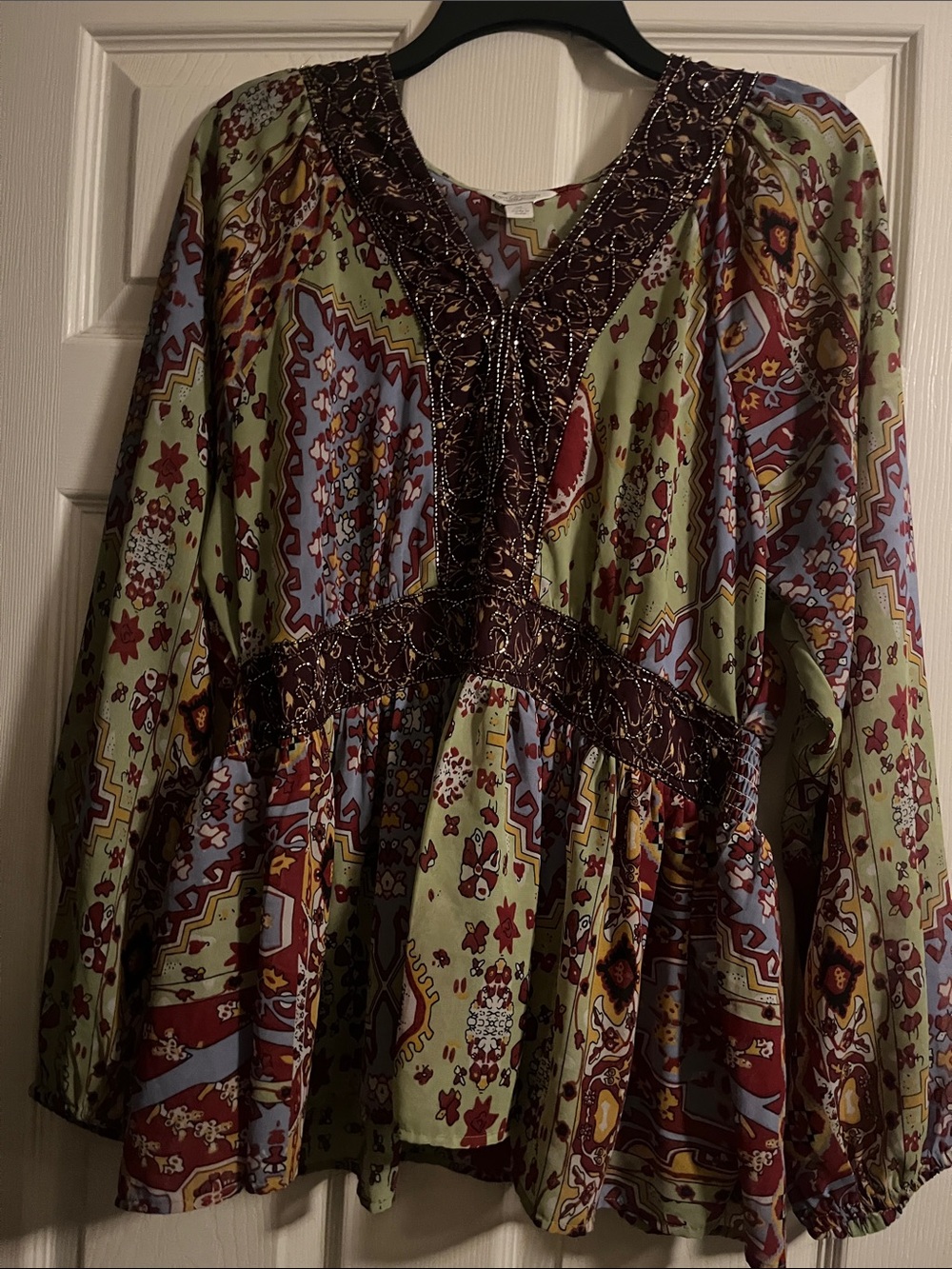 Bohemian Printed V-Neck Peasant Top in Yellow & Purple - Picture 3 of 5